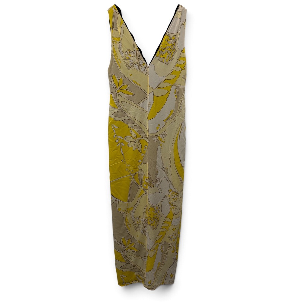 Anne Klein Silk Yellow Abstract Floral Deep V-Neck Sleeveless Maxi Dress